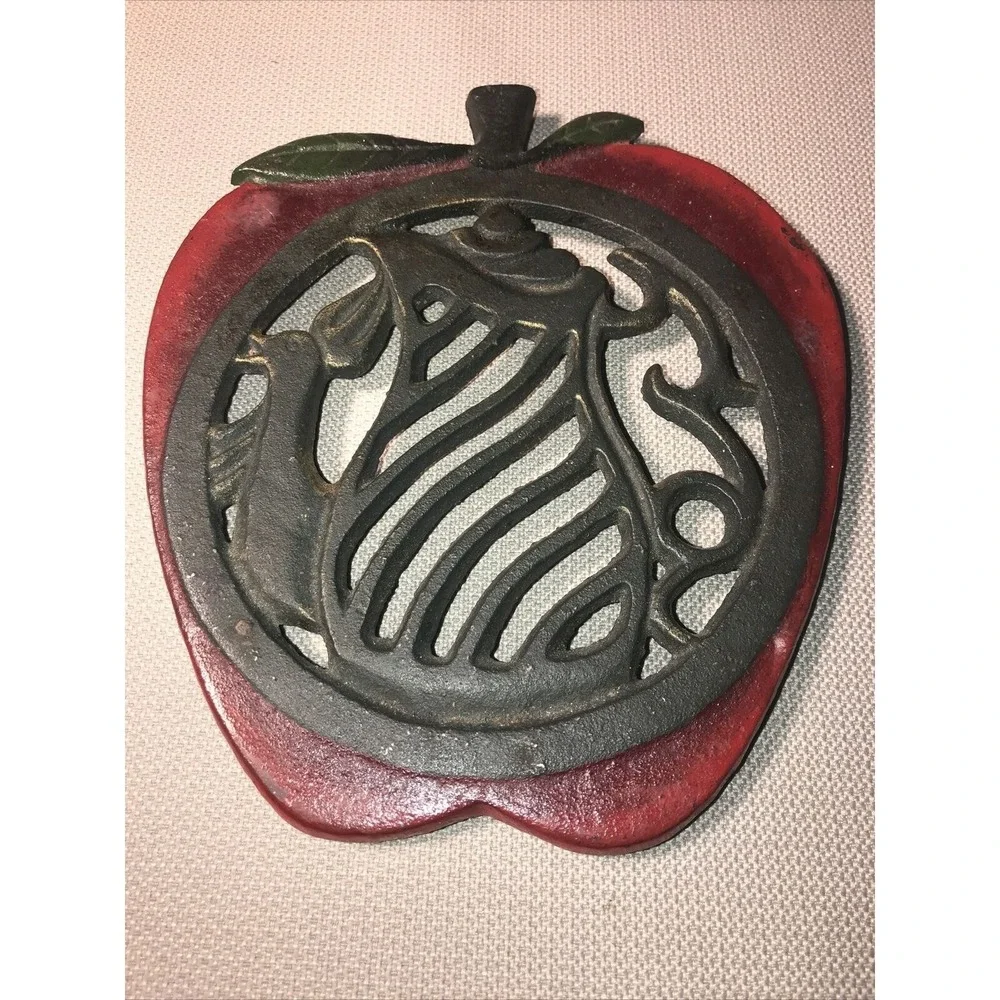 Cast Metal Red Apple Trivet Black Coffee Pot Scroll Design In Center